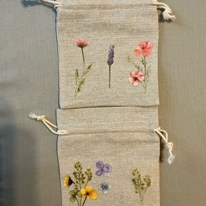 Embroidered Floral Linen Drawstring Pouches - Pink, Purple & Yellow Flowers